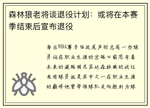 森林狼老将谈退役计划：或将在本赛季结束后宣布退役